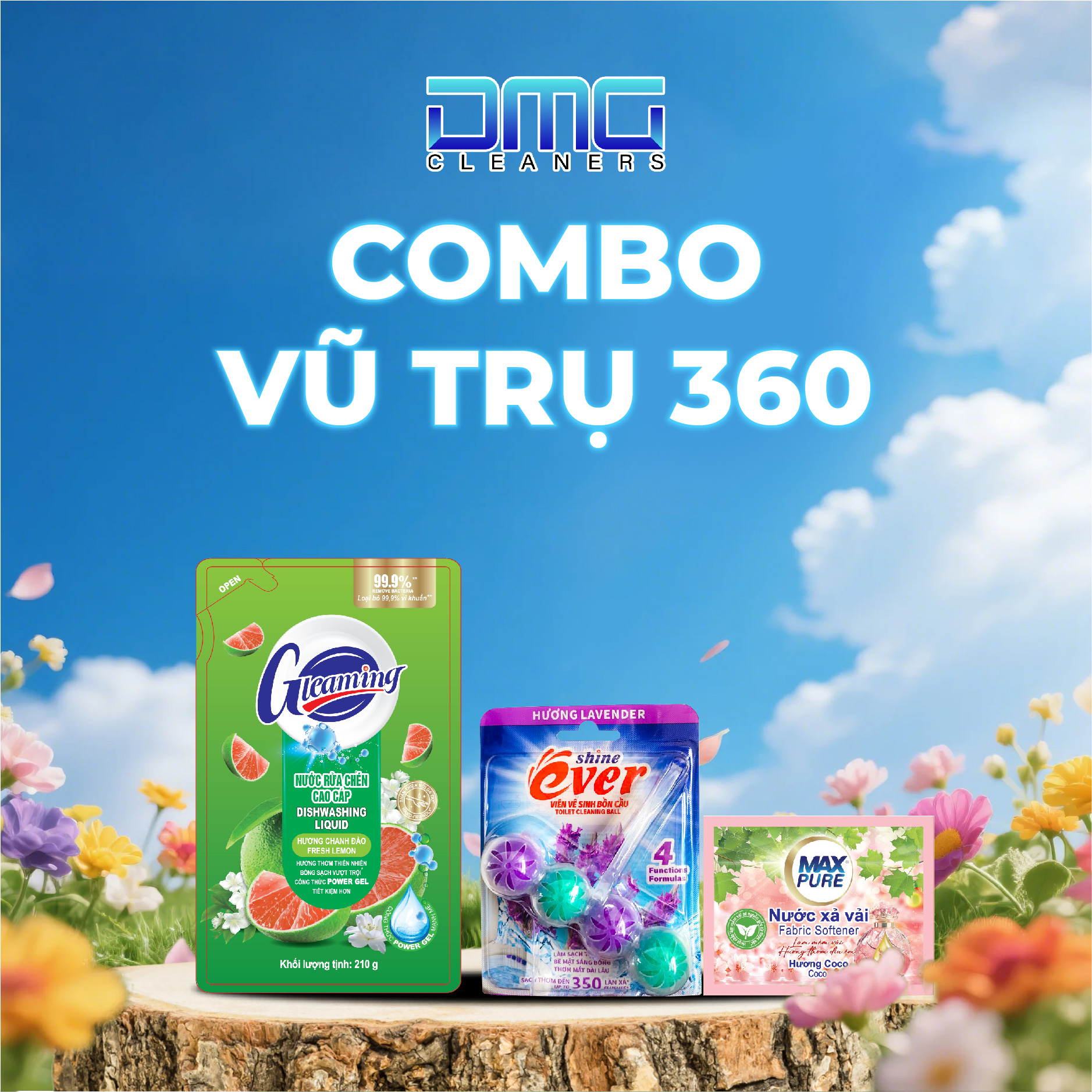 Combo vũ trụ 360: 1 Dây Xả Nước Hương Coco + 1 Túi Nước Rửa Bát 200ml Hương Chanh Đào + 1Vỉ Viên Treo Bồn Cầu Hương Lavender