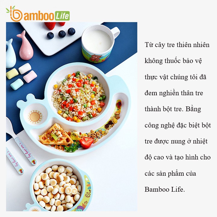 Khay ăn dặm sợi tre Bamboo Life an toàn cho bé- Bộ chén ăn dặm cao cấp 5 chi tiết thìa, dĩa, khay, bát, cốc hình Sên- BL002