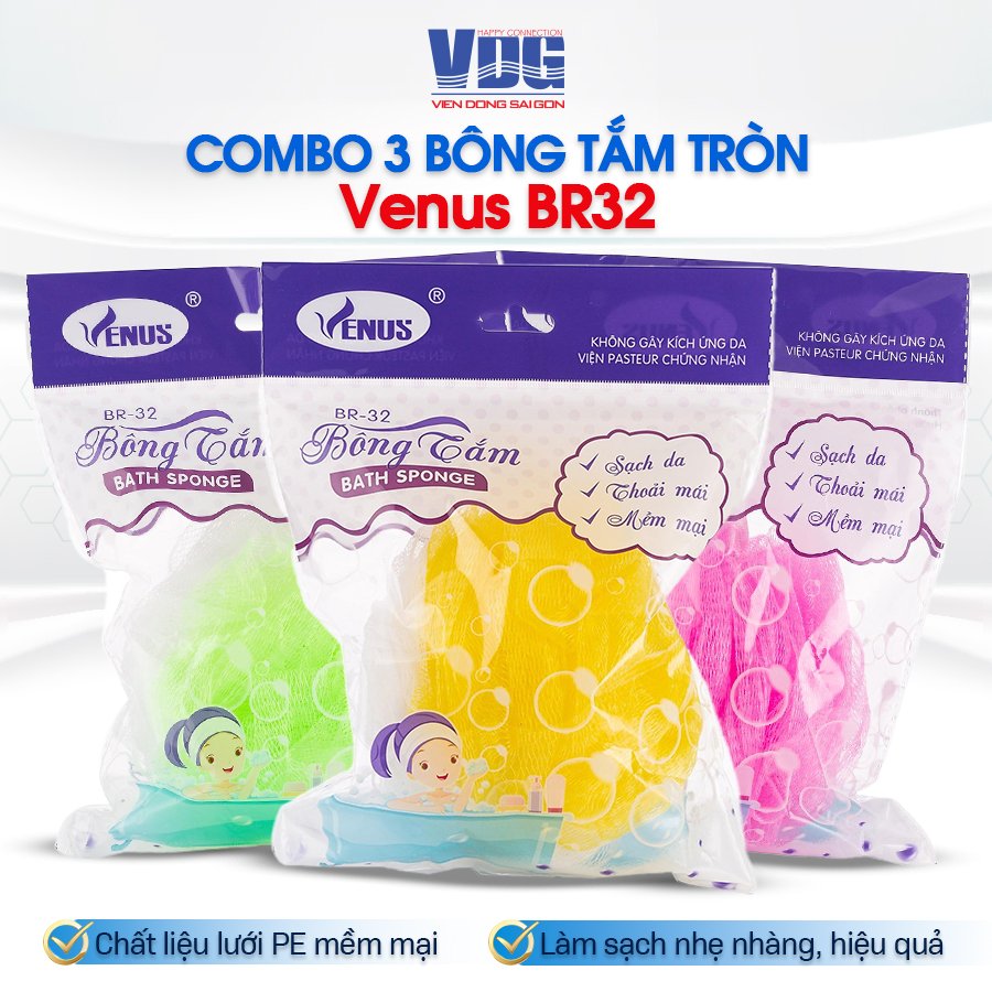 Combo 3 Bông tắm tròn Venus BR32-Tạo bọt nhiều, tấy da chết, thẩm thấu sữa tắm nhiều,massge thư giãn (Giao màu ngẫu nhiên)