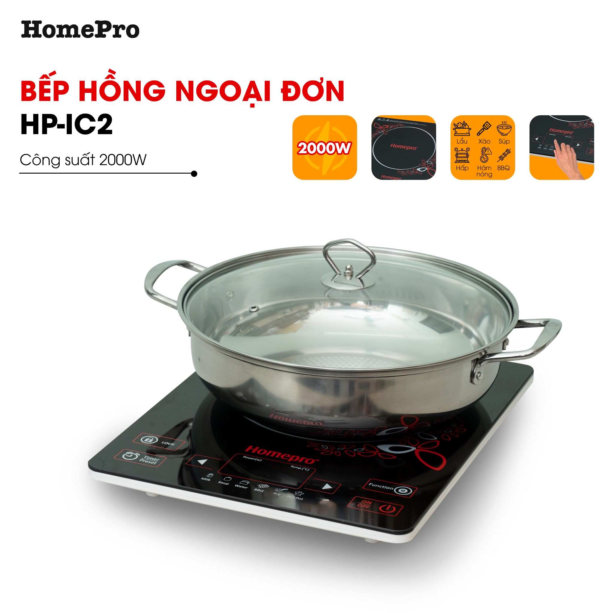 Bếp Điện Từ Siêu Mỏng Homepro ThaiLand HP-IC2 Hàng Chính Hãng Tặng Kèm Nồi