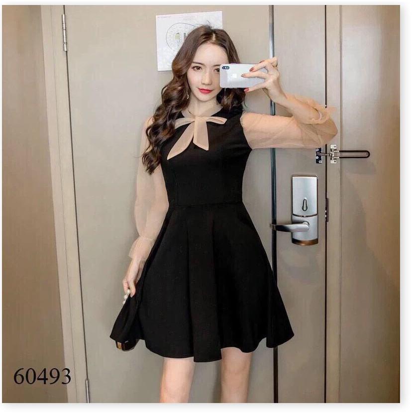 Váy xòe tay dài phối voan - cổ cột nơ