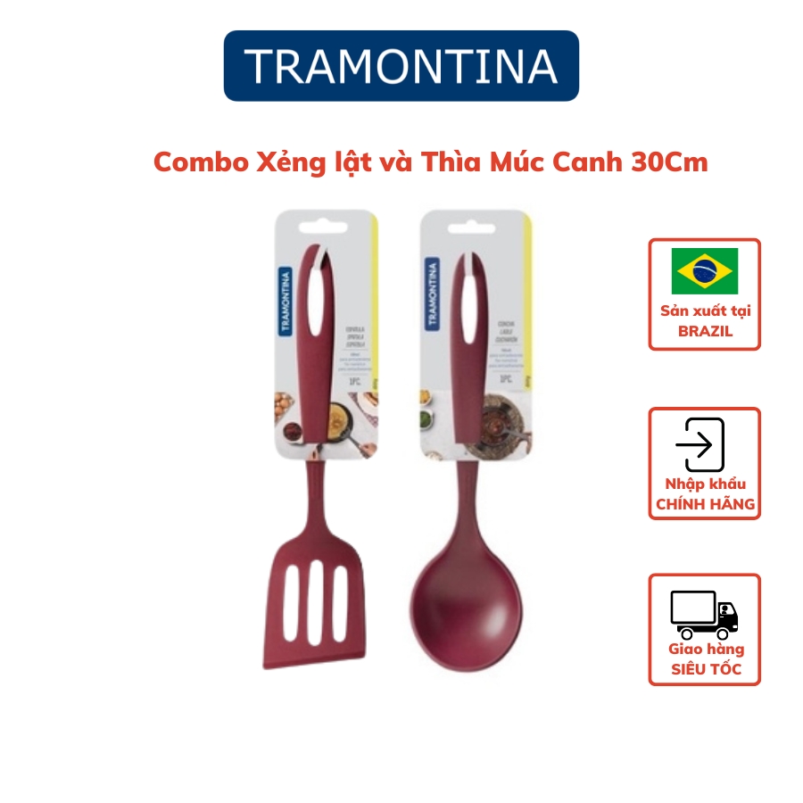 Combo 2 Dụng Cụ Nấu Ăn Gồm 1 Xẻng Xào Có Rãnh 30cm và 1 Thìa Múc Canh Sâu Lòng 30cm TRAMONTINA Chất Liệu Nhựa Chịu Nhiệt An Toàn Sản Xuất Tại BRAZIL - Hàng Chính Hãng
