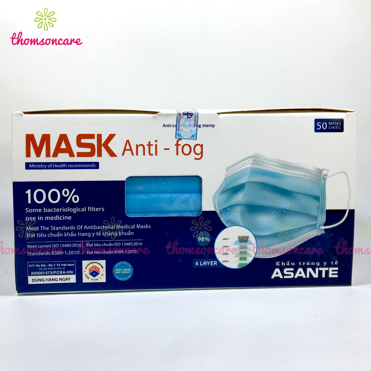 Hộp khẩu trang y tế 4 lớp Asante kháng khuẩn 50 cái màu Trắng lọc bụi, vi khuẩn Chống Ô Nhiễm