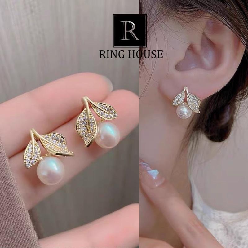 (Cao Cấp) Khuyên tai bông tai nữ đôi lá hạt trai đẹp sang dự tiệc Ring House