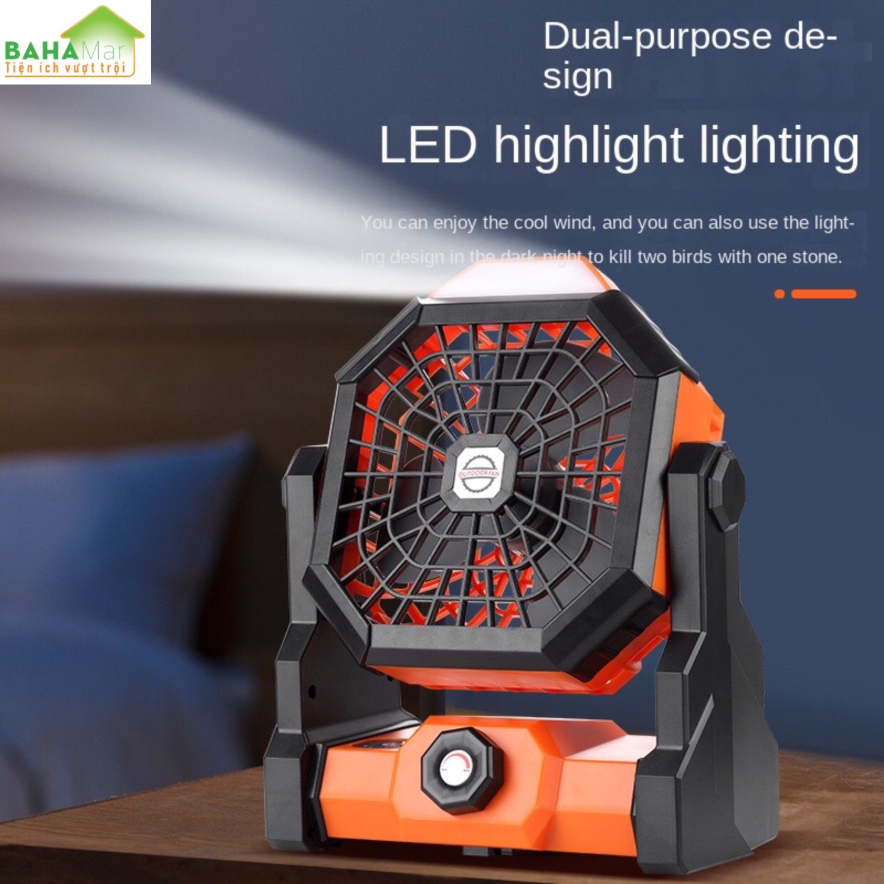 QUẠT DI ĐỘNG SẠC ĐIỆN ĐIỀU CHỈNH TỐC ĐỘ VÔ CẤP CÓ TÍCH HỢP ĐÈN LED "BAHAMAR" có thể được sử dụng trong cắm trại và ngoài trời