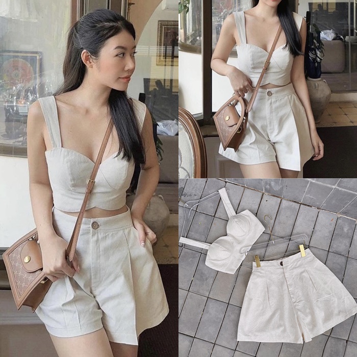 ĐỒ BỘ SET ÁO CROPTOP 2 DÂY CỔ U CÚP NGỰC + QUẦN NGẮN ỐNG RỘNG LƯNG CAO GIẢ VÁY CHỮ A SUÔNG TRƠN SHORTS ĐI CHƠI DẠO PHỐ ĐI BIỂN ĐI TIỆC