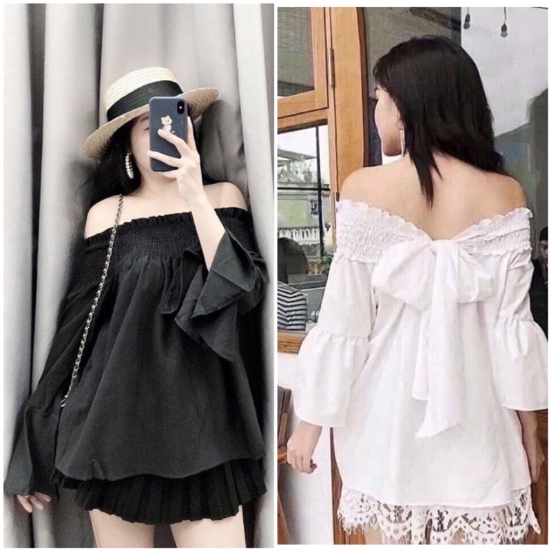 Áo trễ vai tay dài, áo bánh bèo trễ vai nơ lưng xinh xắn