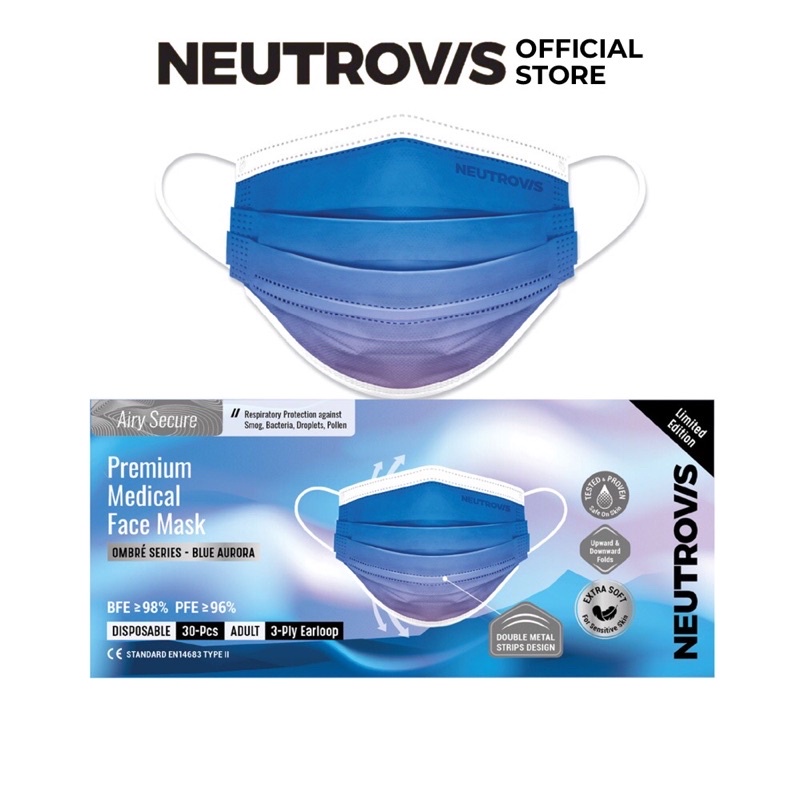 (30 Cái/Hộp)Khẩu Trang Cao Cấp Kháng Khuẩn 3 Lớp Neutrovis - Blue Aurora