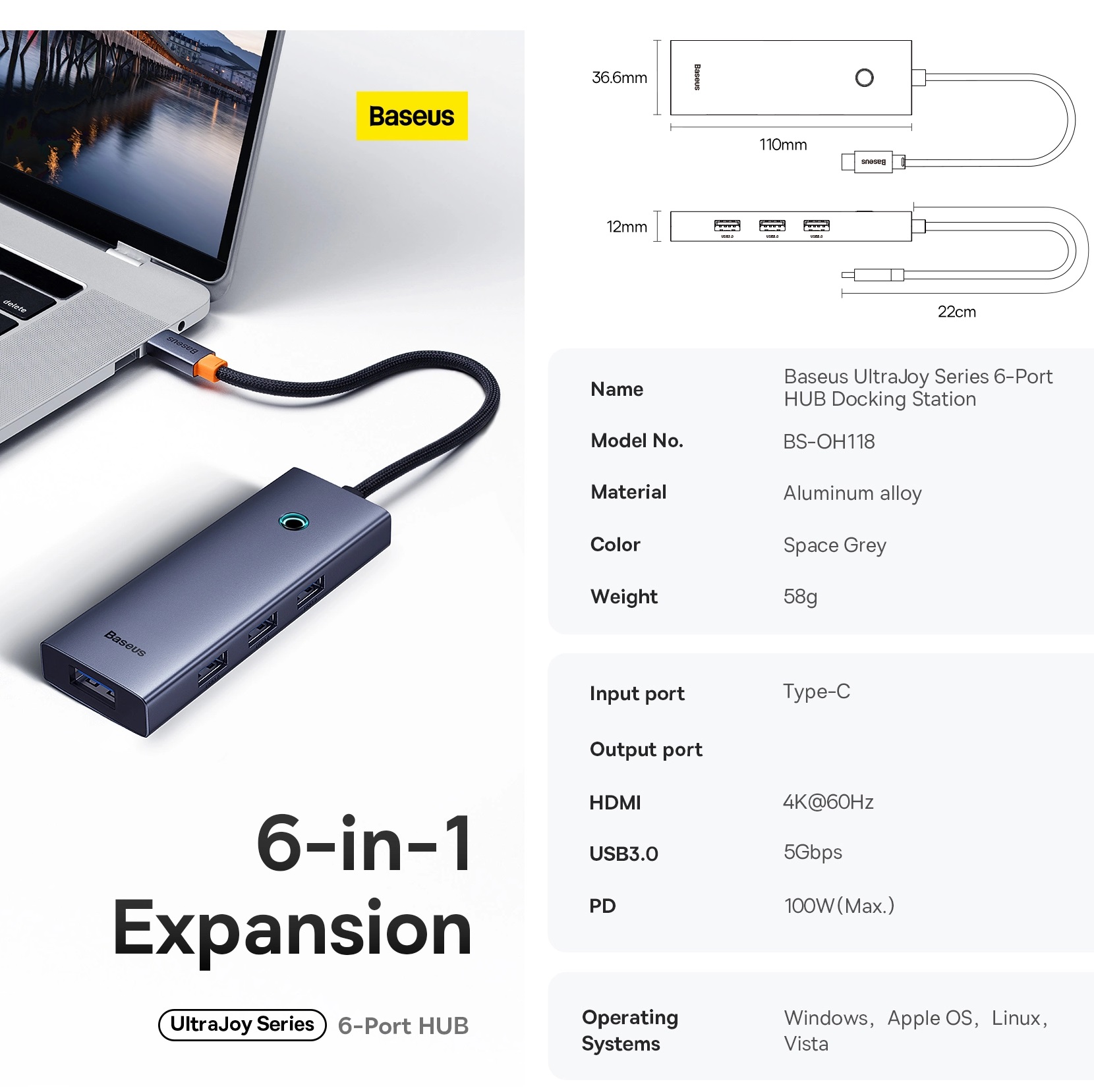 Hub đa năng mở rộng cổng p type C Macbook laptop ra 6 cổng Baseus Clarity docking station BSOH118_ Hàng chính hãng