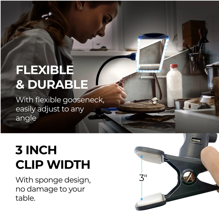 Kính lúp cao cấp để bàn đọc sách, đọc điện thoại Magnipros 1819+CP (4X, có đèn led chống chói và giảm mỏi mắt, có thể để bàn hoặc kẹp bàn)