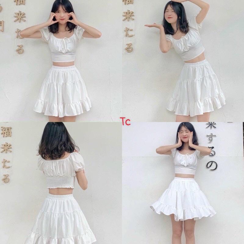 Bộ Áo Croptop Nữ Cổ Vuông Chân Váy Xòe Trắng siêu xinh