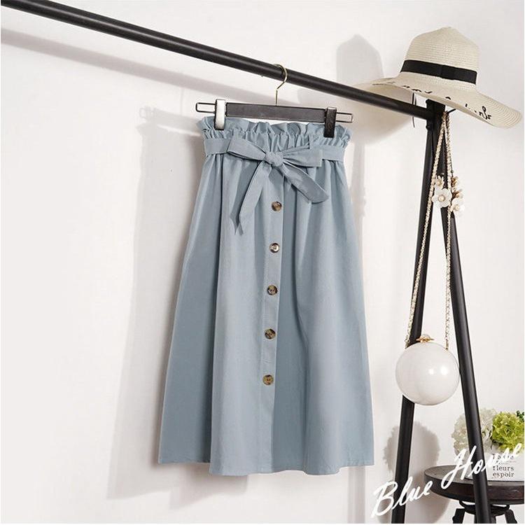 Chân Váy Midi Nữ Kaki Nơ Eo Viền Bèo Hàng Cúc Giữa Dáng Dài