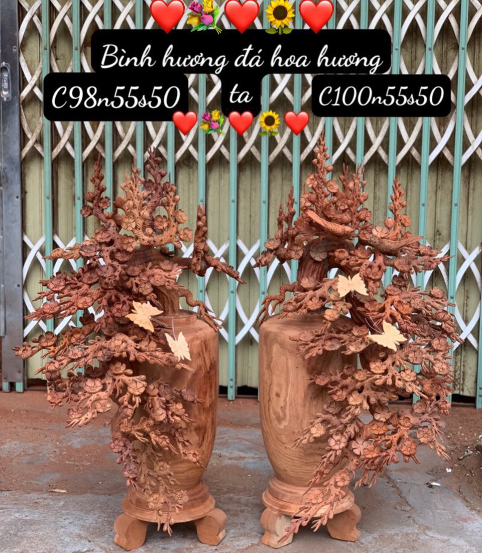 2 bình hoa mai lan phú quý phong thủy bằng gỗ hương kt cao 98×55×50cm đẹp long lanh