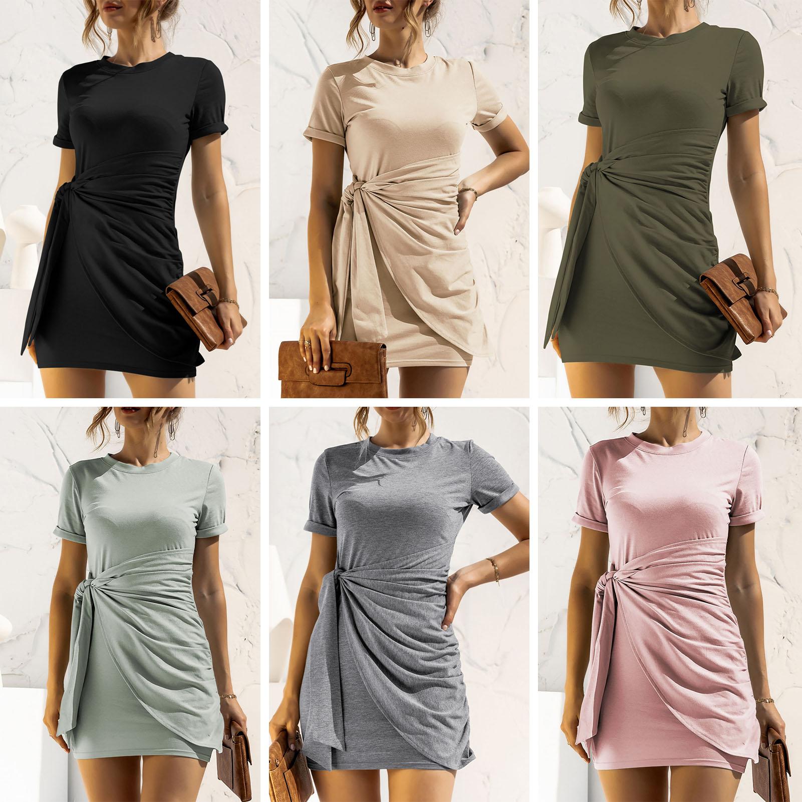 Fashion Women Solid Color Dress O Neck Short Sleeve Bandage Casual Mini Dress