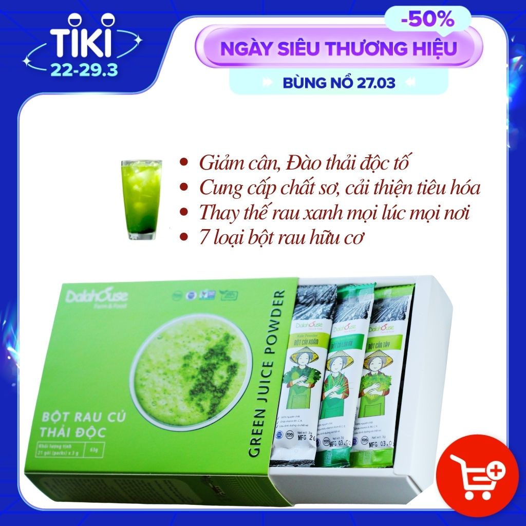 Combo Detox thải độc - Bột rau củ hữu cơ sấy lạnh Dalahouse - Hộp 21 gói 7 loại rau củ, mỗi gói 3gr [Mẫu mới] - Hỗ trợ giảm cân, Thải độc, thanh lọc cơ thể