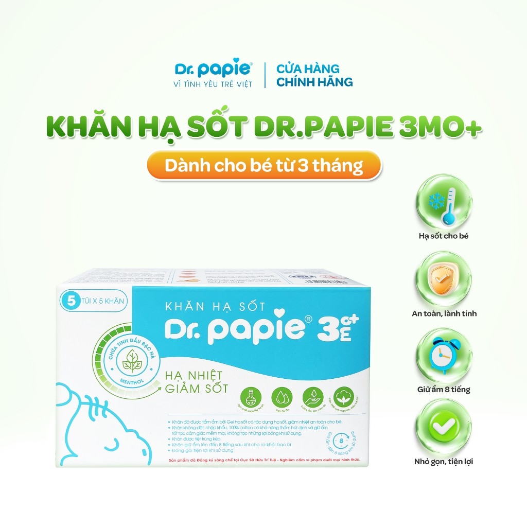 [Mua 1 Tặng 1] Dr.Papie Khăn Hạ Sốt 3mo+ 1 Hộp (5 Gói x 5 Khăn/Gói) Dành Cho Bé Từ 3 Tháng Tặng 1 Gói (5Khăn) Hạ Sốt 3mo+