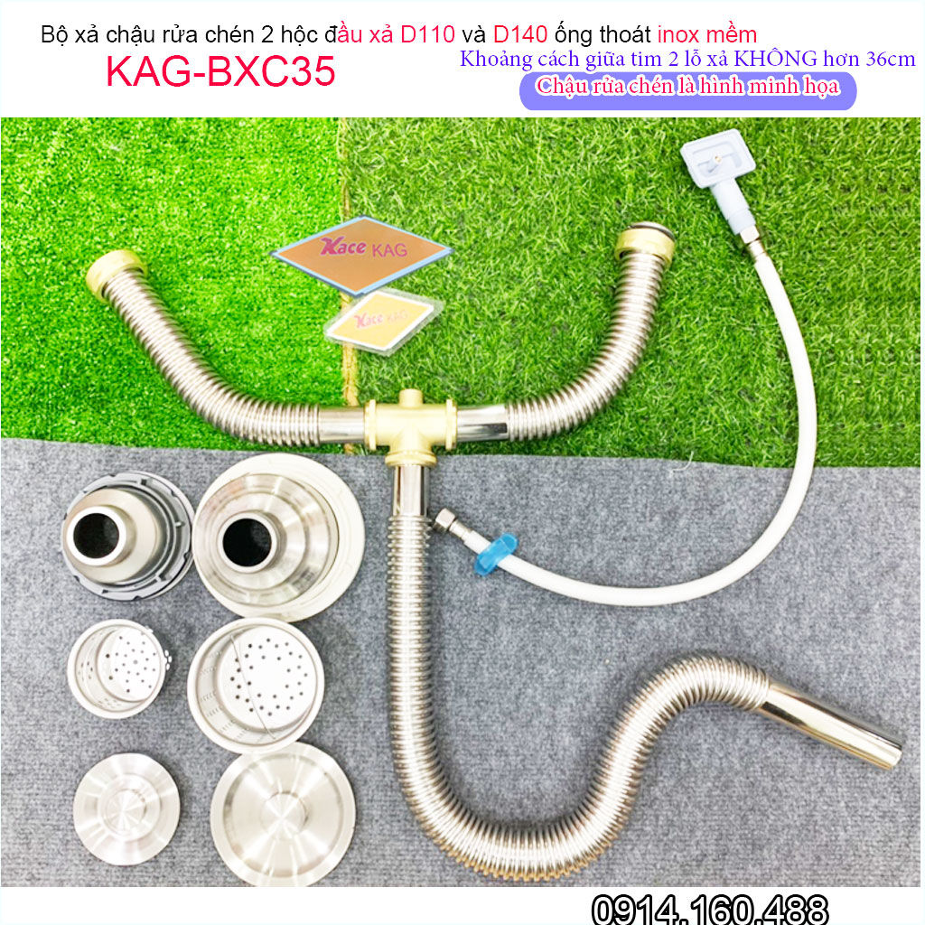 Bộ xả chậu rửa chén đôi inox 304 KAG-BXC35 chậu 1 to 1 nhỏ, bộ ống thoát bồn rửa bát 2 hố D140 và D110 chất liệu SUS304 dễ vệ sinh siêu bền sử dụng tốt