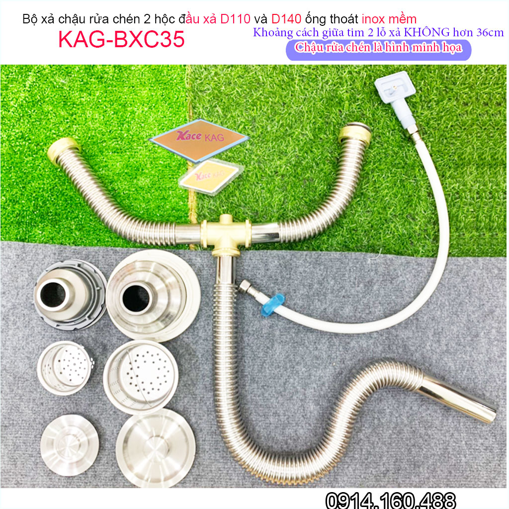 Bộ xả chậu rửa chén đôi inox 304 KAG-BXC35 chậu 1 to 1 nhỏ, bộ ống thoát bồn rửa bát  2 hố D140 và D110 chất liệu SUS304 dễ vệ sinh siêu bền sử dụng tốt