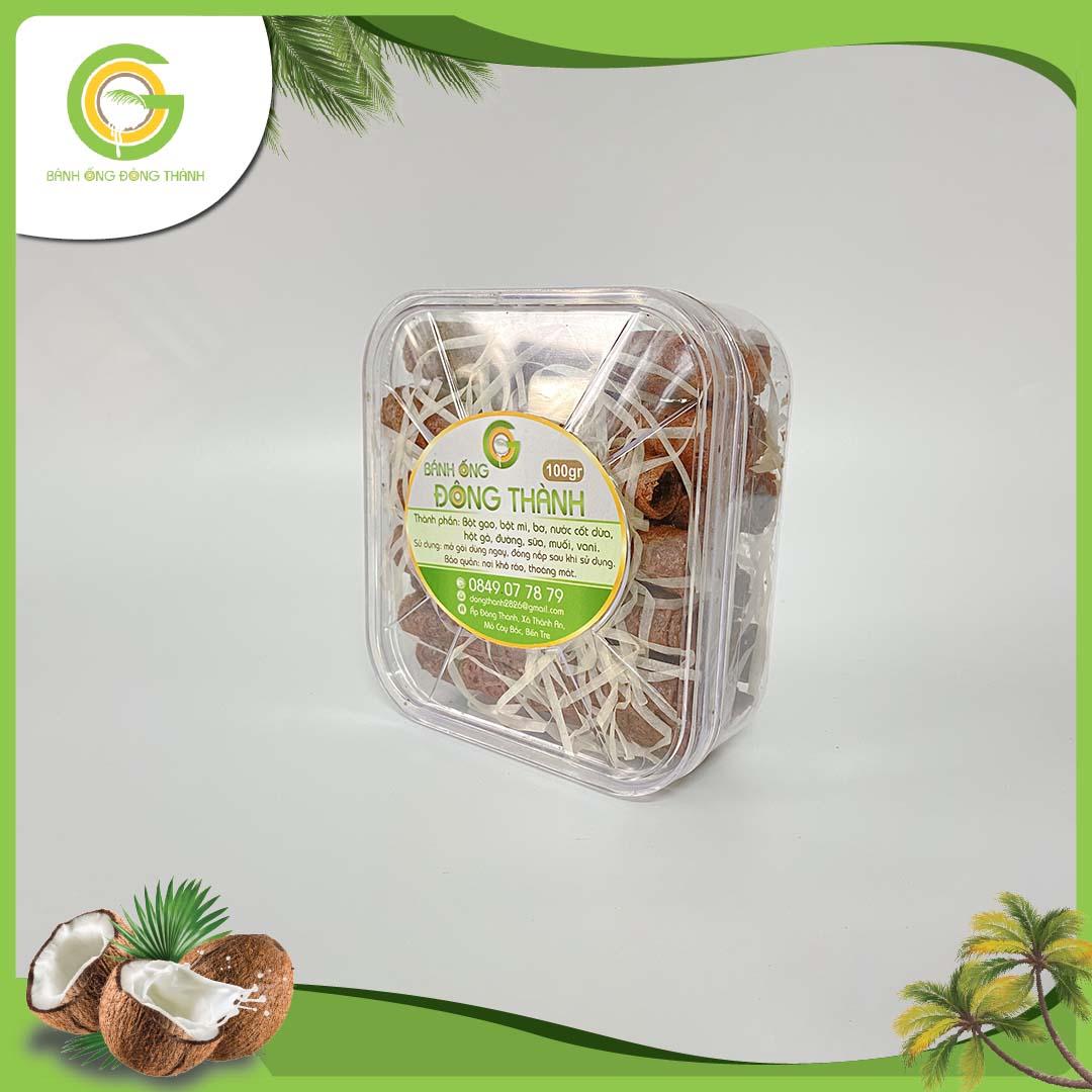 Bánh ống Đông Thành thơm ngon hộp vuông - Bánh ống xứ dừa - Đặc sản Bến Tre hộp vuông