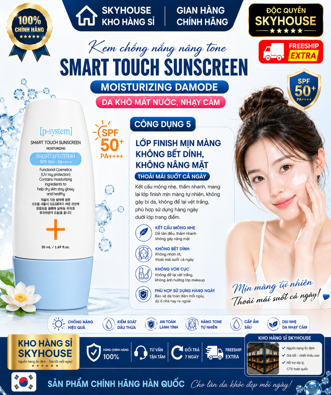 Kem chống nắng nâng tone SMART TOUCH SUNCREEN MOISTURIZING DAMODE chai 50ml da khô mất nước nhạy cảm chính hãng Hàn Quốc