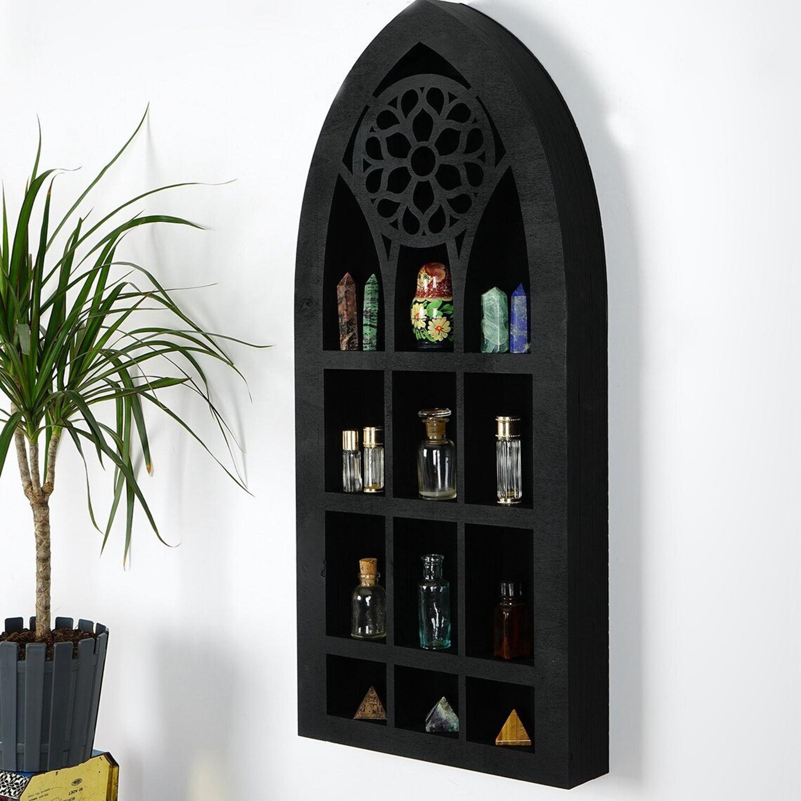Wall Decor Display Shelf Church Window Design Black Wooden Shelf for Wall Figurine Display Shelf for Bathroom Gothic Room Decoration Office