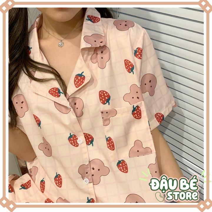 Bộ Ngủ Hình Gấu Quả DâuUlzzang Cute Form Rộng - Pijama Hè Bộ Mặc Nhà Ngắn Tay Hot Trend - DAUBE - S021