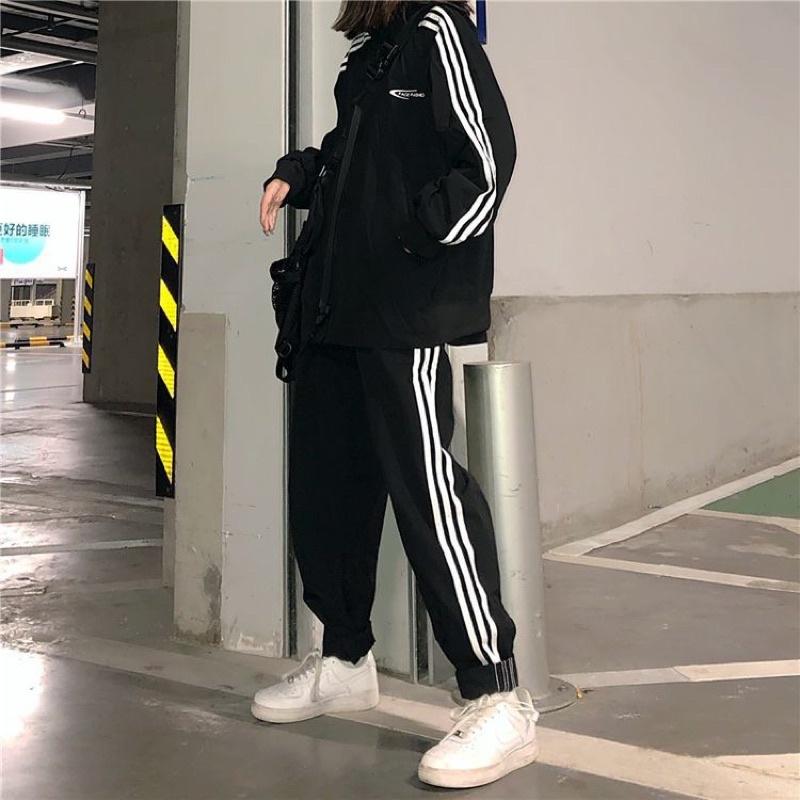 {Hottrend} Bộ Quần Áo Thể Thao 3 Sọc Dáng Rộng Phong Cách Hip Hop Hàn Quốc Thời Trang Thu Đông Cá Tính
