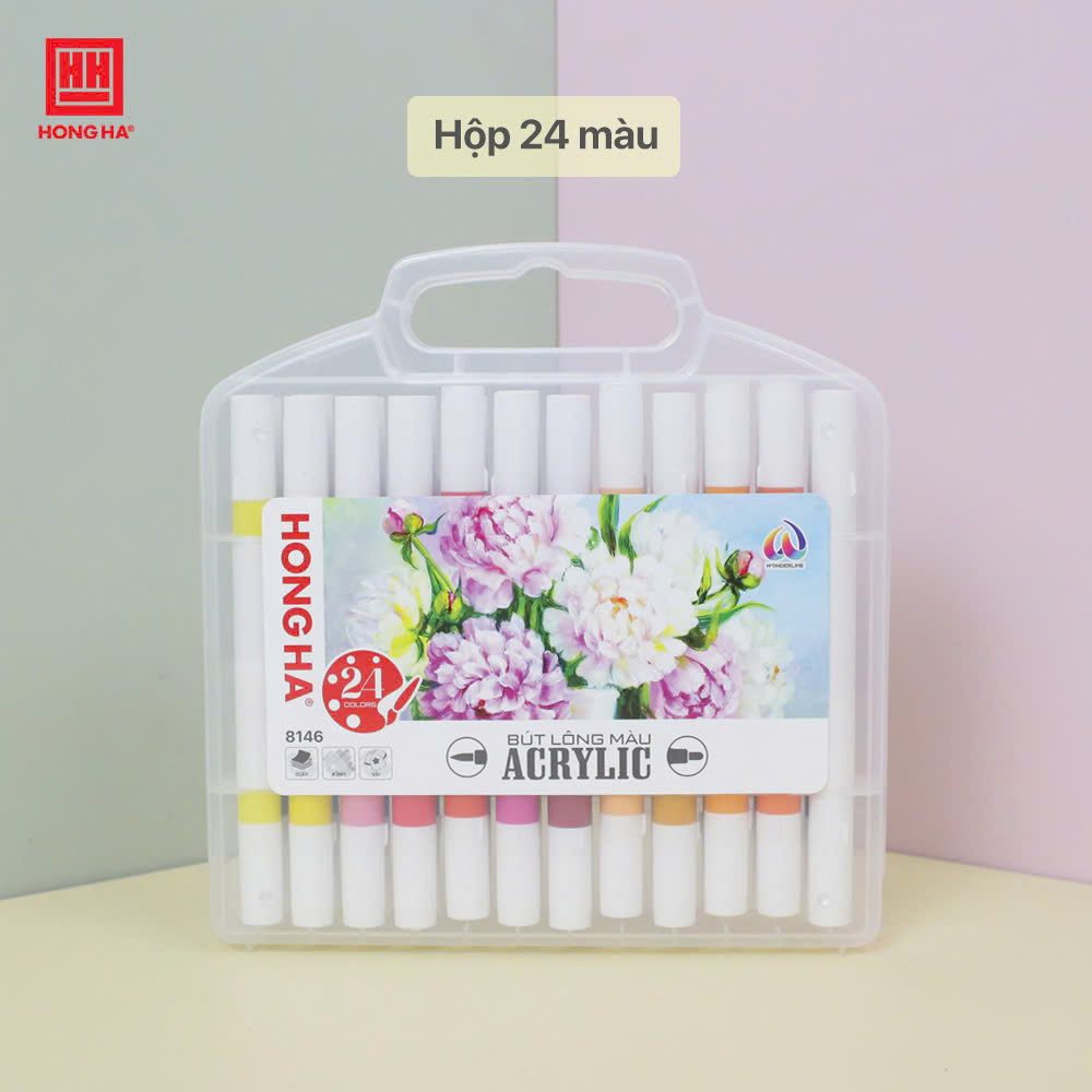 Bút lông màu Acrylic 2 đầu Hồng Hà tô trên mọi chất liệu (12/24/36 màu) - 8145/8146/8147