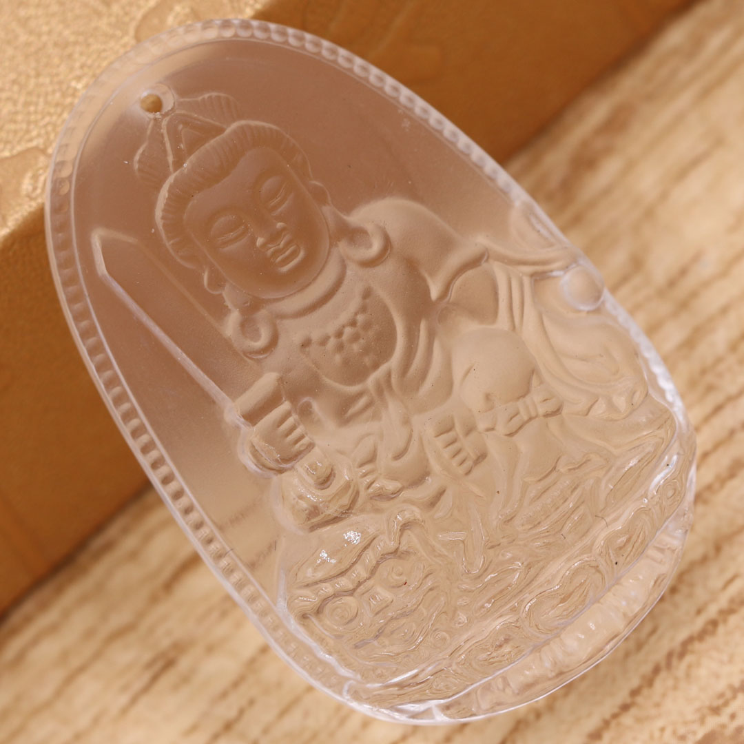 Mặt Phật Văn thù 5 cm (size XL) pha lê trắng kèm móc và dây chuyền inox, Mặt Phật bản mệnh