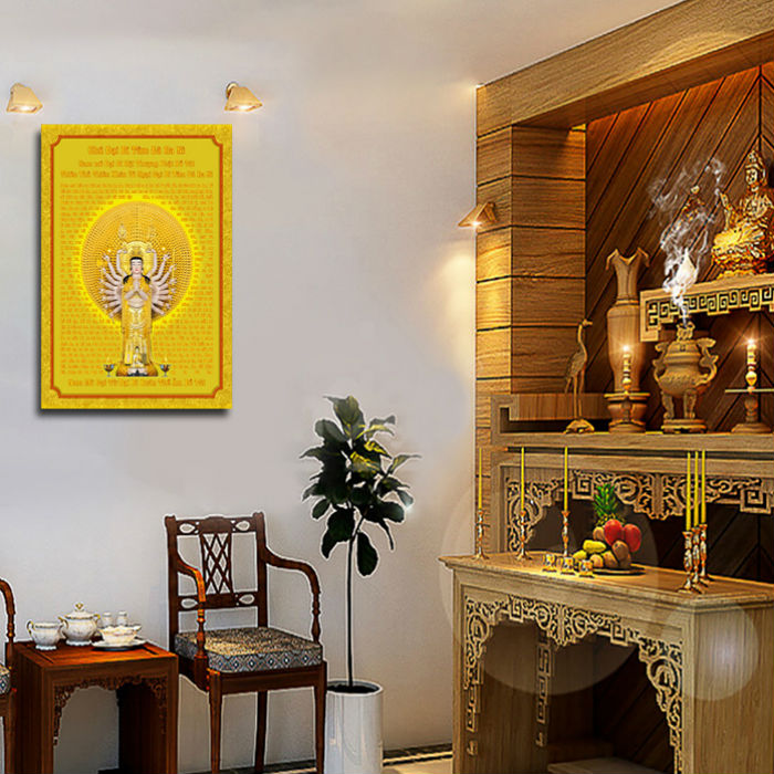 Tranh treo tường trang trí nhà cửa cán gỗ MDF cao cấp mẫu Phật vàng nghìn mắt nghìn tay, Tranh Phật Giáo HPV-59