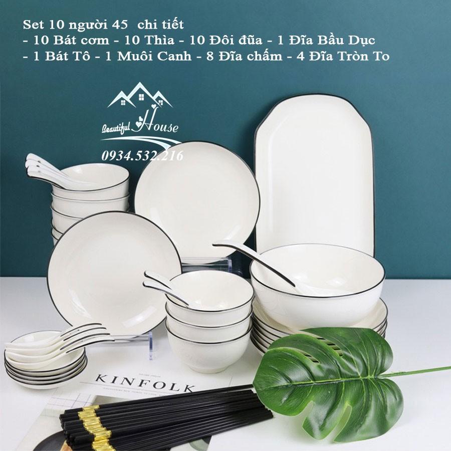 Bộ Bát Đĩa Cao Cấp Sứ Trắng Bo Viền - Phong Cách Bắc Âu 28-45 Món - BA09