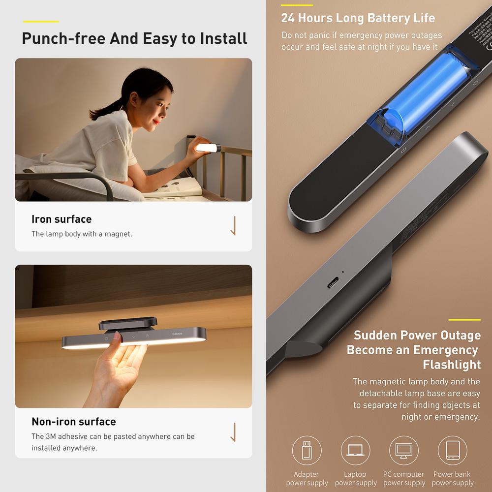 Baseus Wall Reading Light Stick Wireless Stepless Dimmable Touch Control Light Bar w/1800mAh Rechargeable