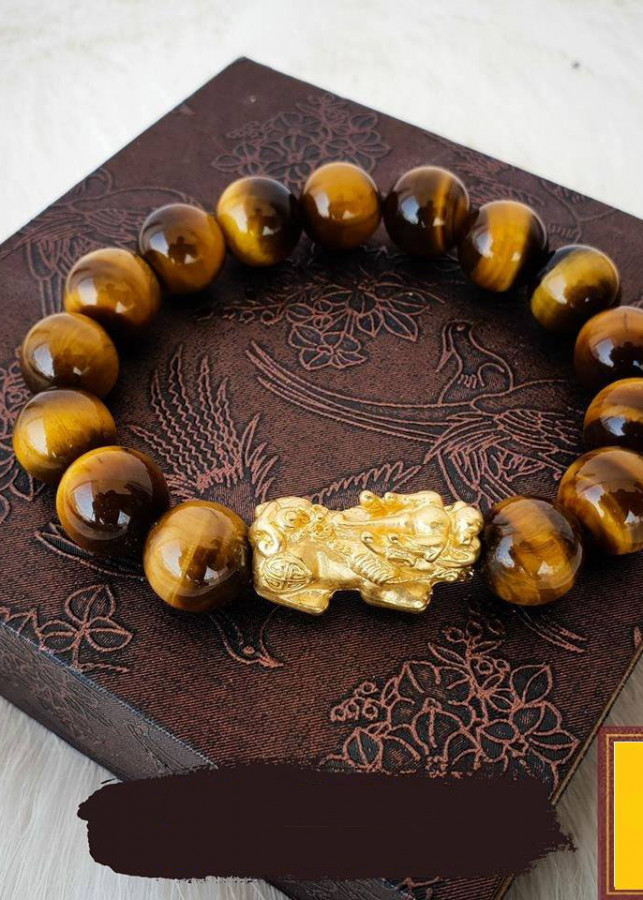 Vòng Tay Nam Đá Mắt Hổ Nâu Tỳ Hưu Mạ Vàng 24k