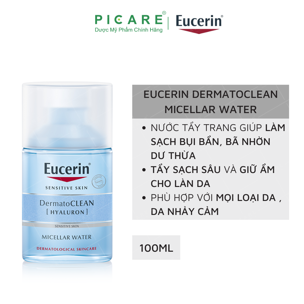 Nước tẩy trang cho da nhạy cảm Eucerin DermatoClean Hyaluron Micellar Water 3 In 1 100ml