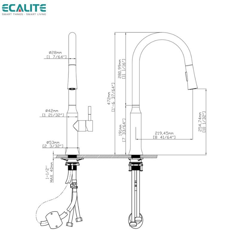 Vòi Rửa Chén Nóng Lạnh Pull-down Ecalite EF-K134S - Có Dây Rút - Điều Chỉnh Tia Nước - Inox 304 Siêu Bền - Hàng Chính Hãng