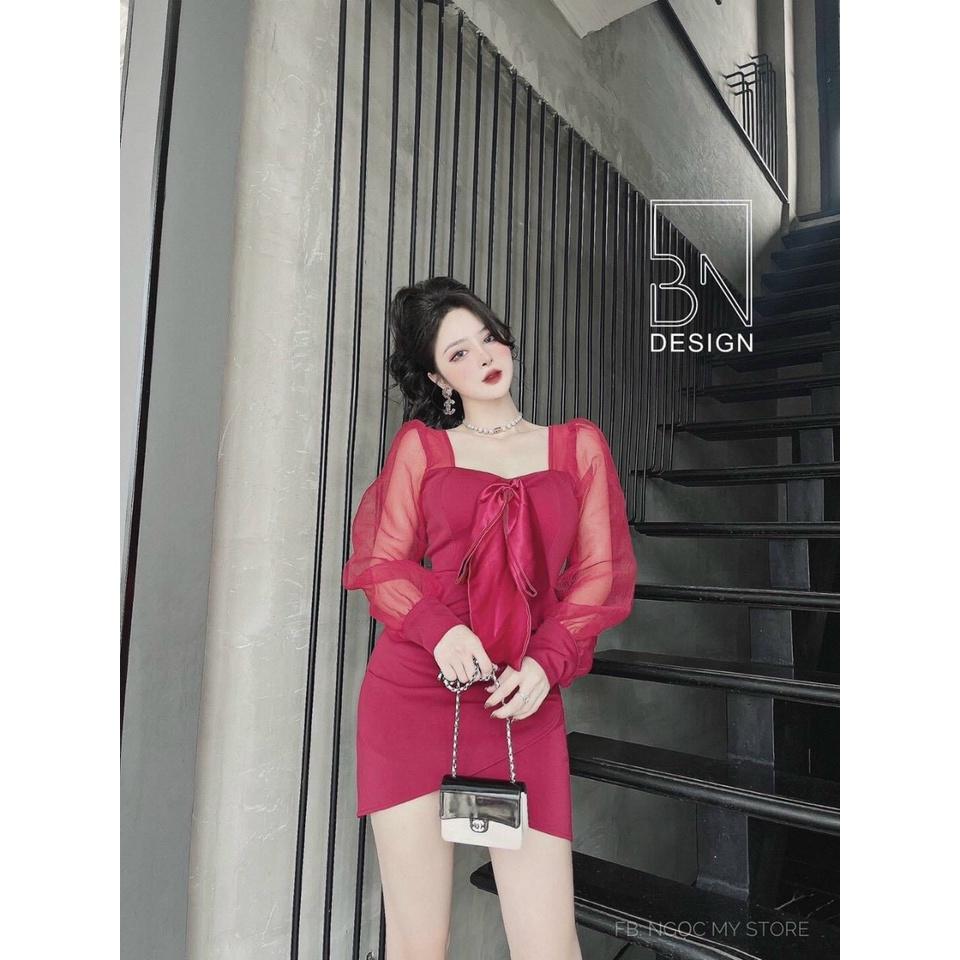 Váy đầm nữ tay lưới dài cổ đính nơ dễ thương