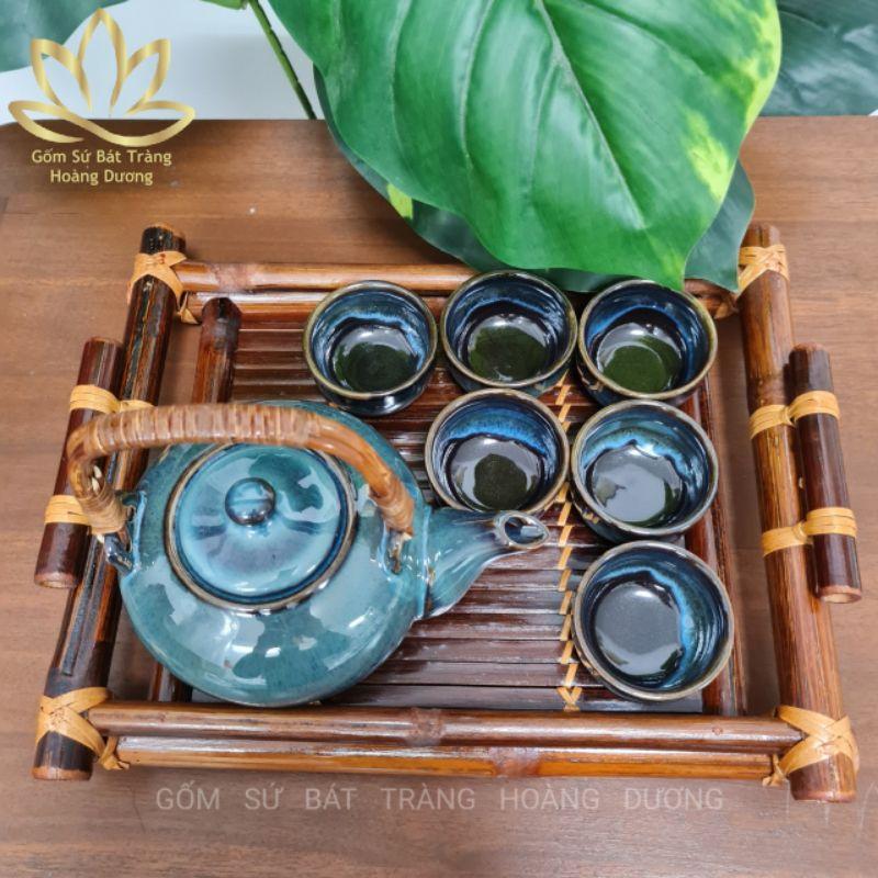 Bộ ấm chén hoả biến Bát Tràng màu xanh ngọc bích 450ml kèm khay tre cao cấp