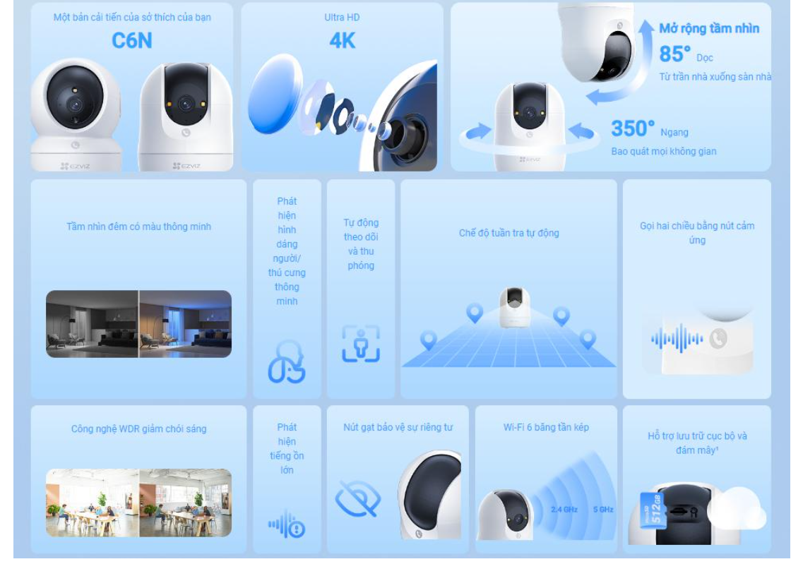 Camera Wifi Ezviz C6N G1 độ phân giải 4k 8MP, Quay quét 360 độ, Phát hiện chuyển động - Hàng chính hãng