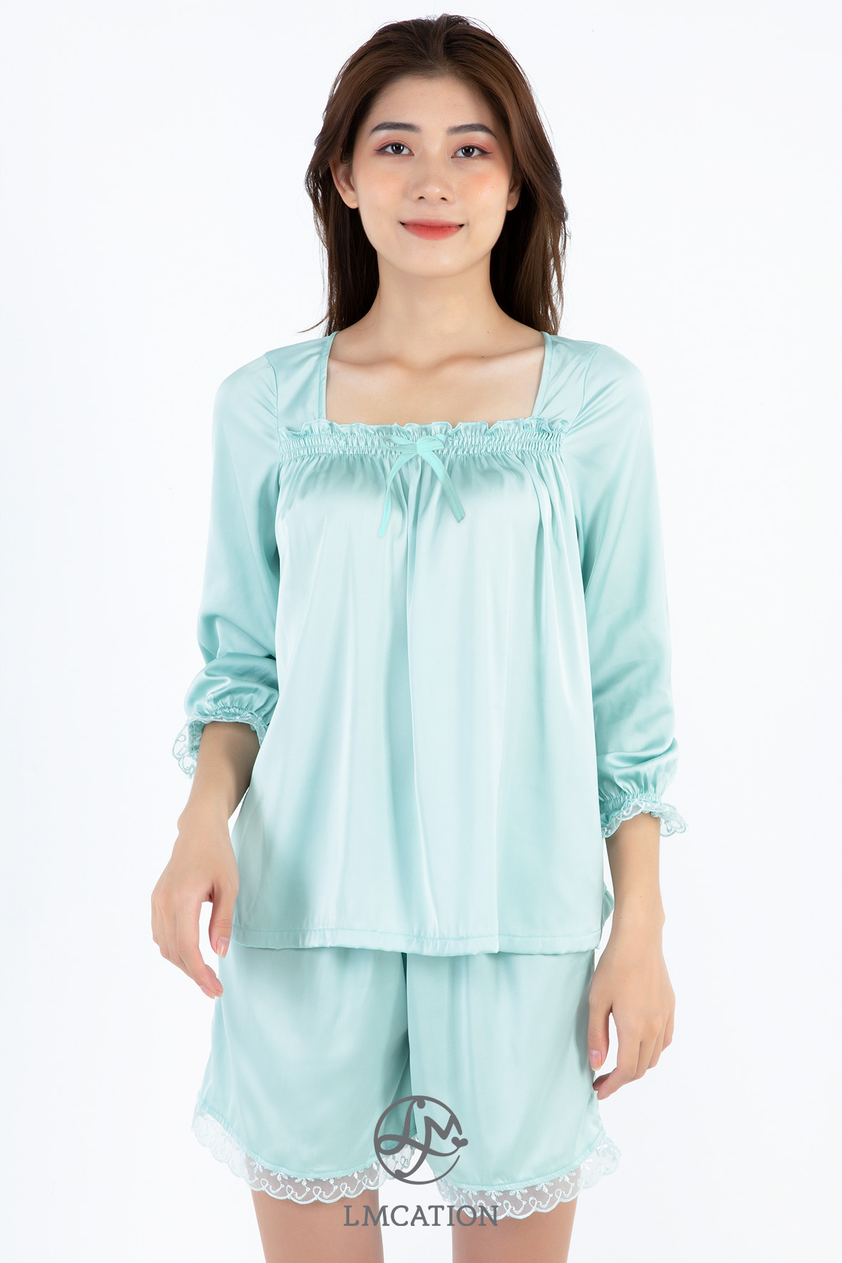 Combo Áo tay lửng phối ren & Quần đùi phối ren LMcation Queen - Màu Bạc Hà