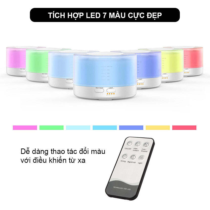 Máy xông tinh dầu trụ trong suốt 500ml có remote led nhiều màu tự động tắt khi hết nước Venado