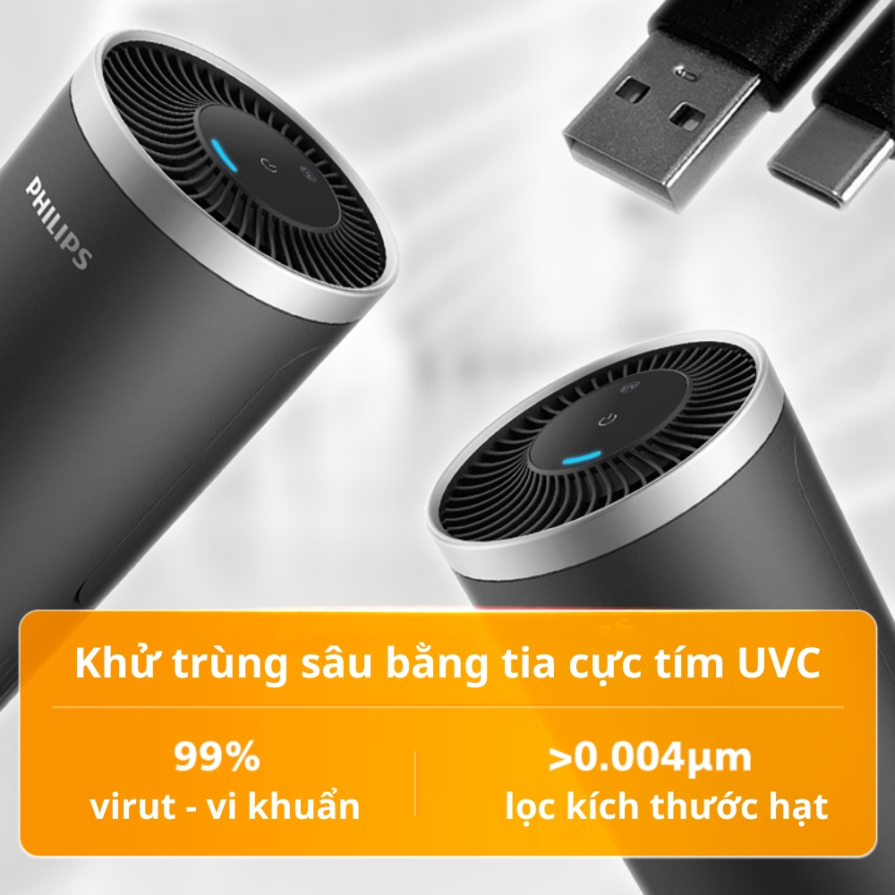 Máy lọc không khí ô tô khử mùi Philips dạng cốc trên xe hơi sử dụng tia UVC diệt khuẩn hiệu quả S3601 - Hàng nhập khẩu