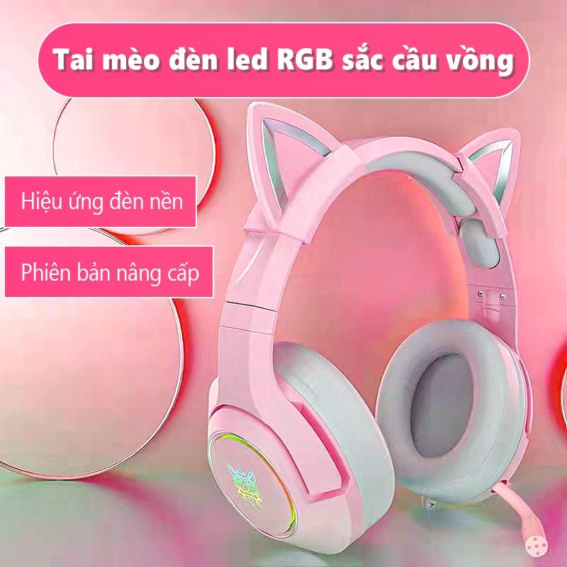 Tai nghe chơi game tai mèo dễ thương âm thanh nổi gắn trên đầu ONIKUMA K9 màu hồng có micrô ánh sáng RGB