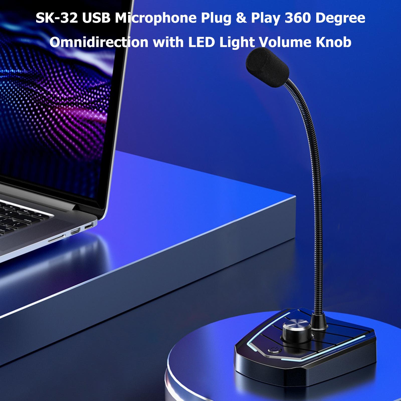 USB Desk Microphone Plug & Play 360 Degree Omnidirectional Microphone with Built-in LED Light Desktop Condenser Mic