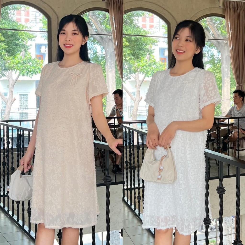 Đầm bầu tơ thêu nổi phom suông cách điệu đính nơ xinh xắn đi chơi, dự tiệc Nữ Women - Hồng