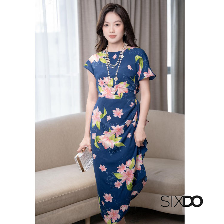 Đầm hoa woven nhún eo xẻ vạt thời trang SIXDO