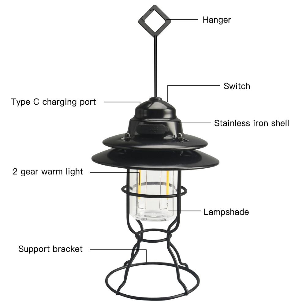 Đèn lồng phong cách retro chống thấm nước USB có thể sạc lại chiếu sáng ban đêm cho sân vườn hiên cắm trại