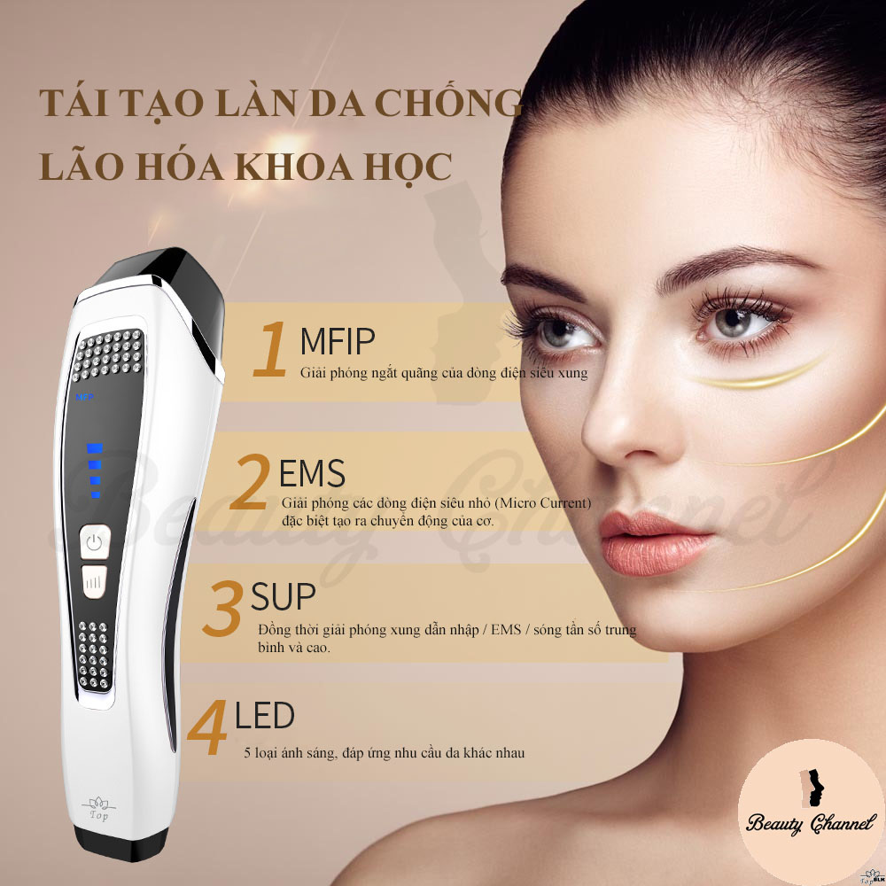 Máy Massage Mặt Chăm Sóc Da 5 in 1 – Chế Độ Xung Ngắt Quãng MFIP – Năng Cơ EMS – Chế Độ SUD – Ánh Sáng Sinh Học và Rung Sonic Cải Thiện Da Mặt &amp; Lỗ Chân Lông Kèm Máy Massage Mắt Tần Số Vô Tuyến RF Loại Bỏ Quầng Thâm