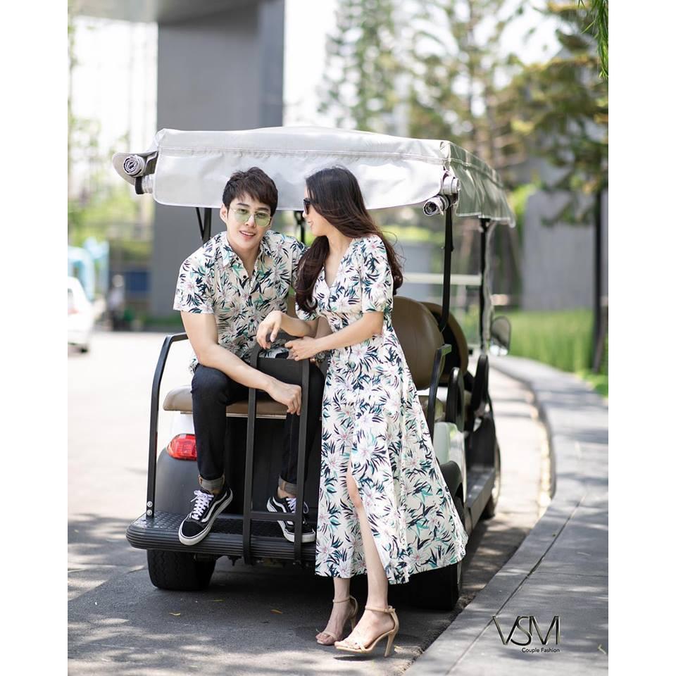 Áo Đôi Váy sơ mi đi biển xẻ tà họa tiết hoa lá Vsm Couple nam nữ đẹp Hàn Quốc AV20