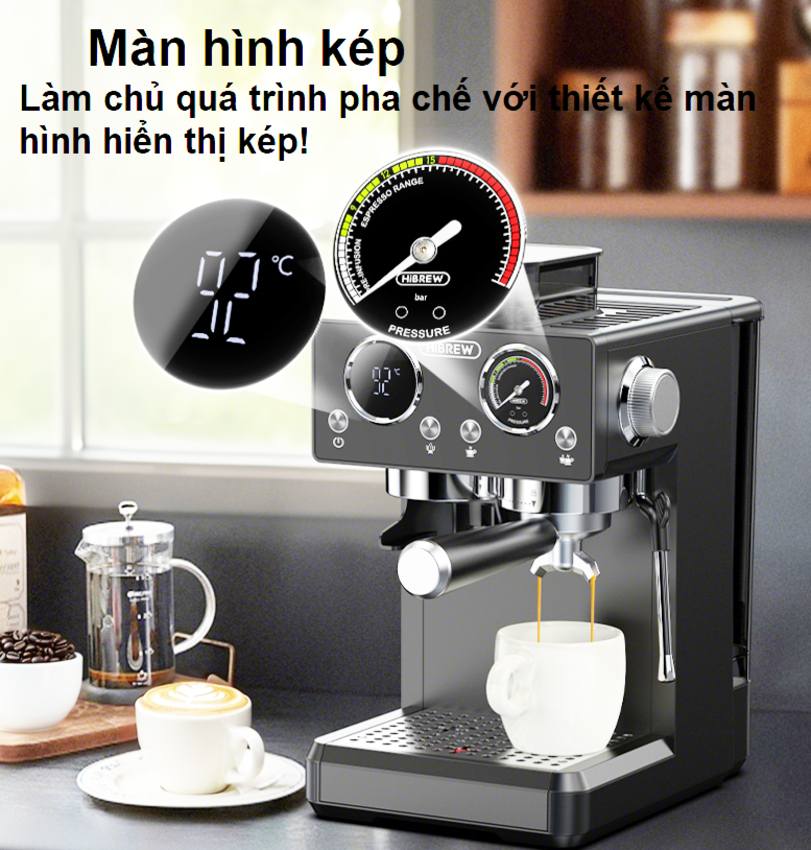 Máy pha và xay cà phê bán tự động 3 trong 1 Espresso, Cappuccino, Latte thương hiệu Mỹ cao cấp HiBREW H20 - Công suất 1500W 20bar - Hàng chính hãng