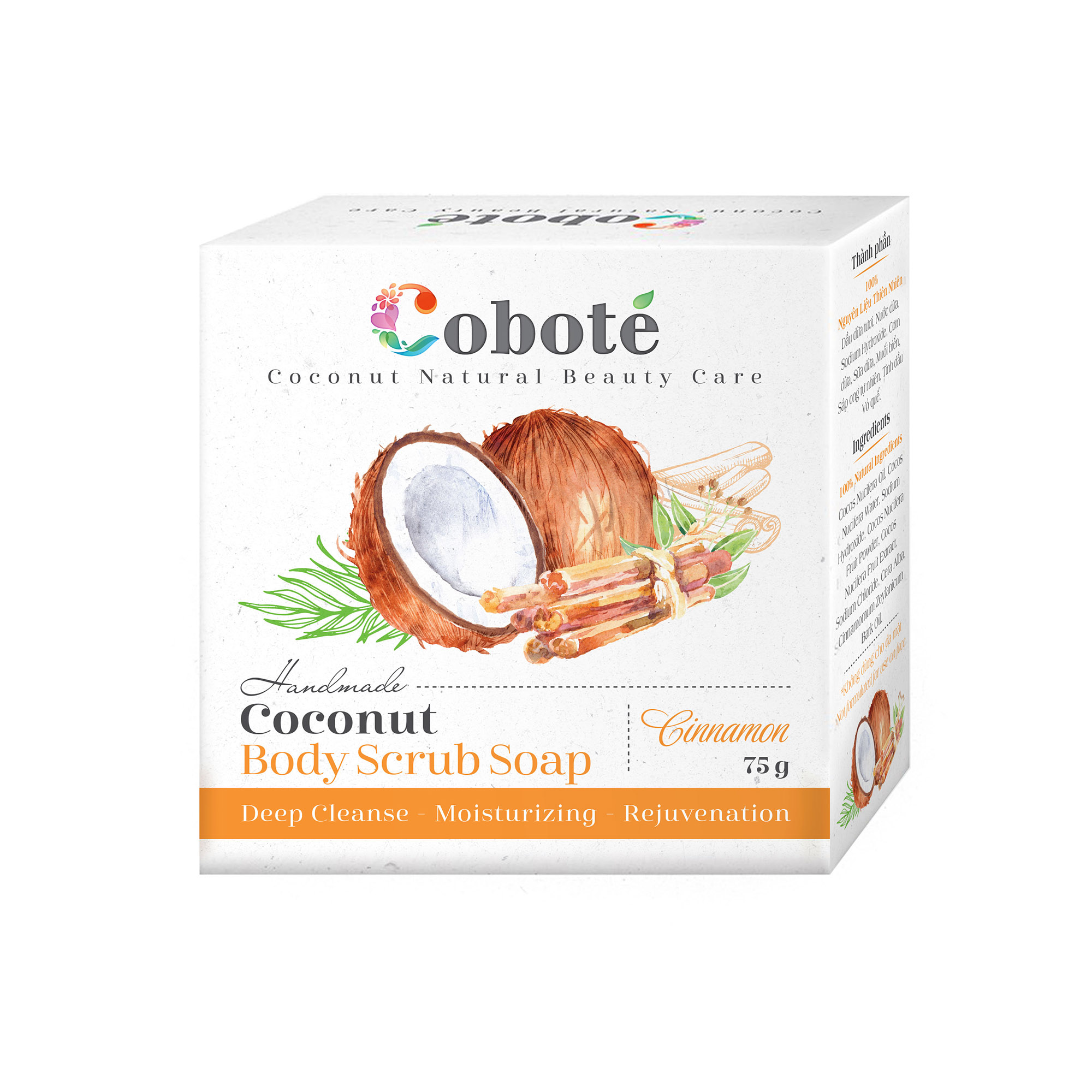 Xà Bông Dừa Tẩy Tế Bào Chết Cobote - Vỏ Quế - 100% Thiên Nhiên, Trắng, Mịn, Sạch, Thơm - Công Thức Độc Quyền Từ Dừa